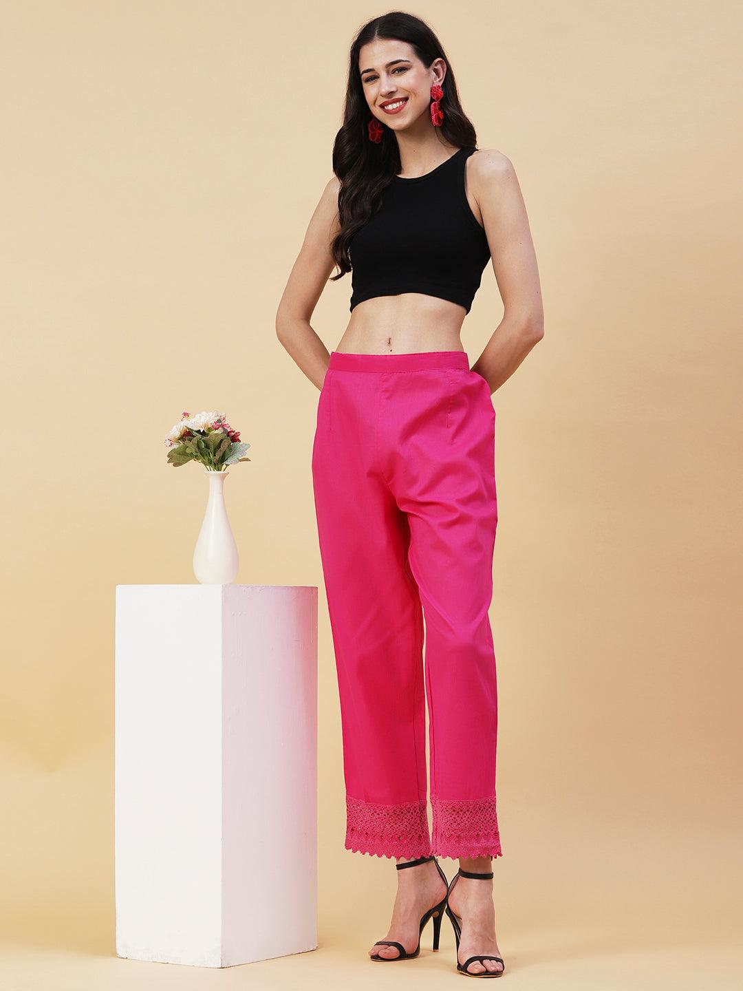 Solid Crochet Lace Embellished Scallop Pants - Magenta - Indiakreations