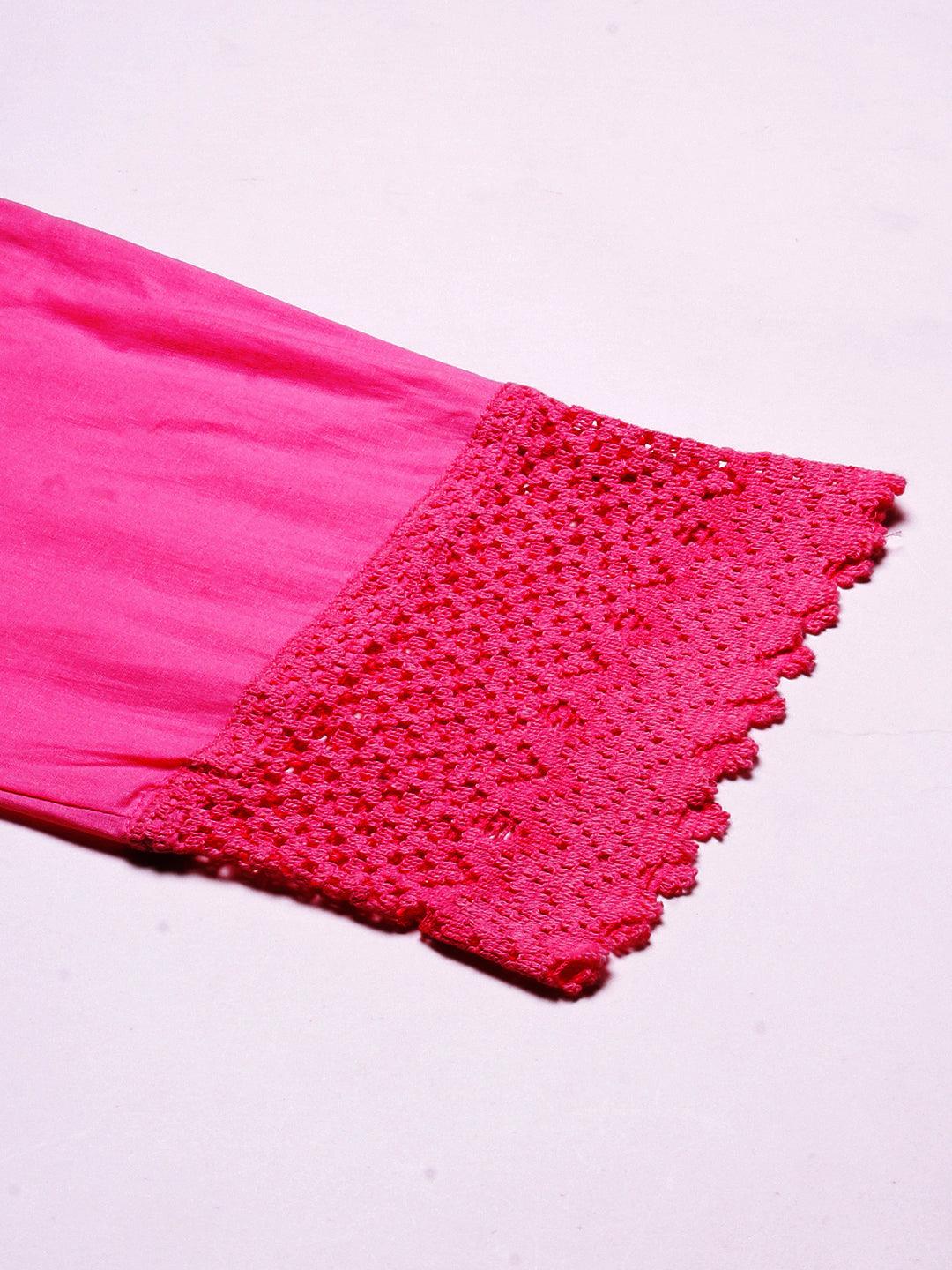 Solid Crochet Lace Embellished Scallop Pants - Magenta - Indiakreations