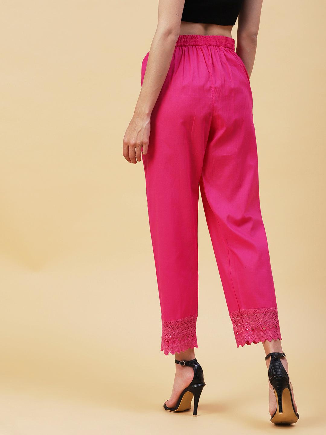 Solid Crochet Lace Embellished Scallop Pants - Magenta - Indiakreations