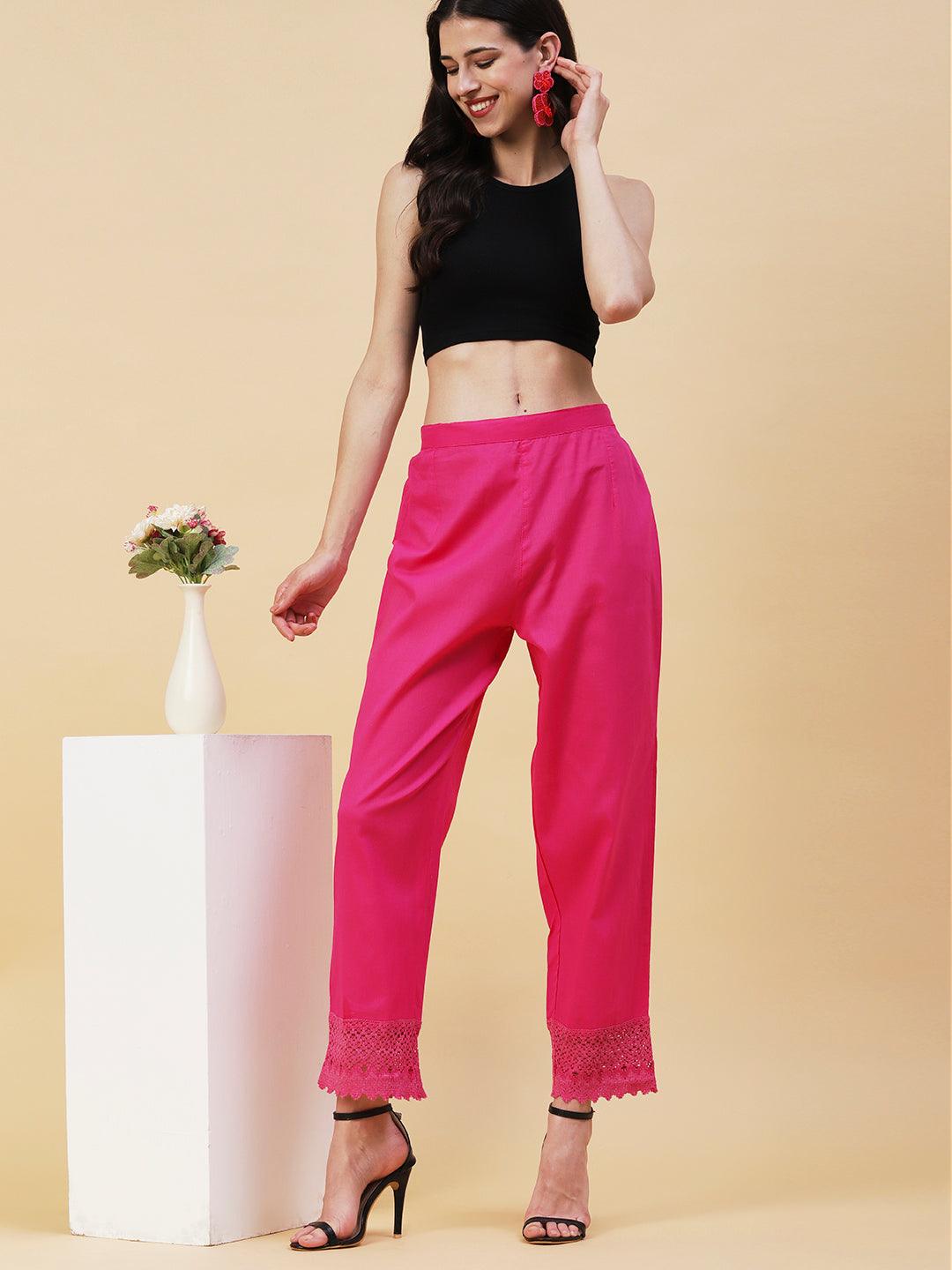 Solid Crochet Lace Embellished Scallop Pants - Magenta - Indiakreations