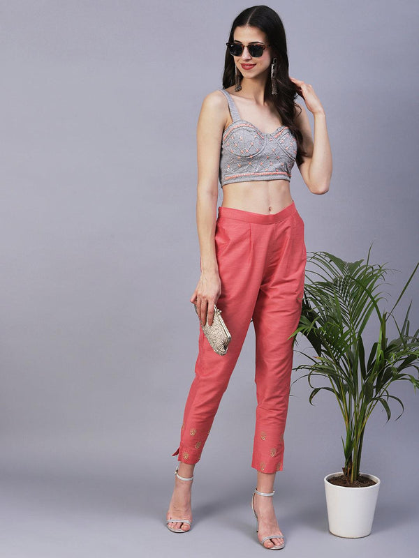 Solid Zari Floral Embroidered Pants - Peach - Indiakreations