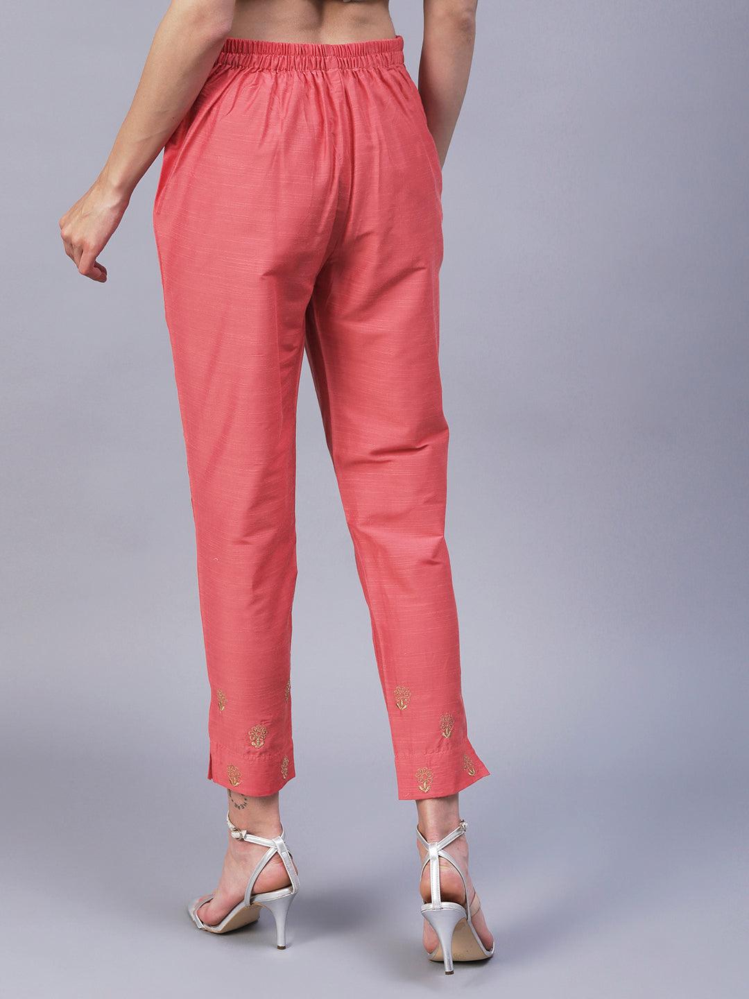 Solid Zari Floral Embroidered Pants - Peach - Indiakreations