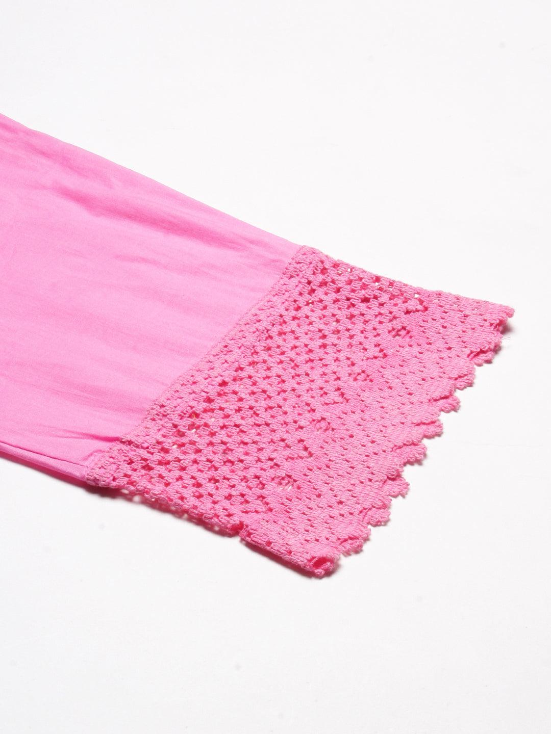 Solid Crochet Lace Embellished Scallop Pants - Pink - Indiakreations