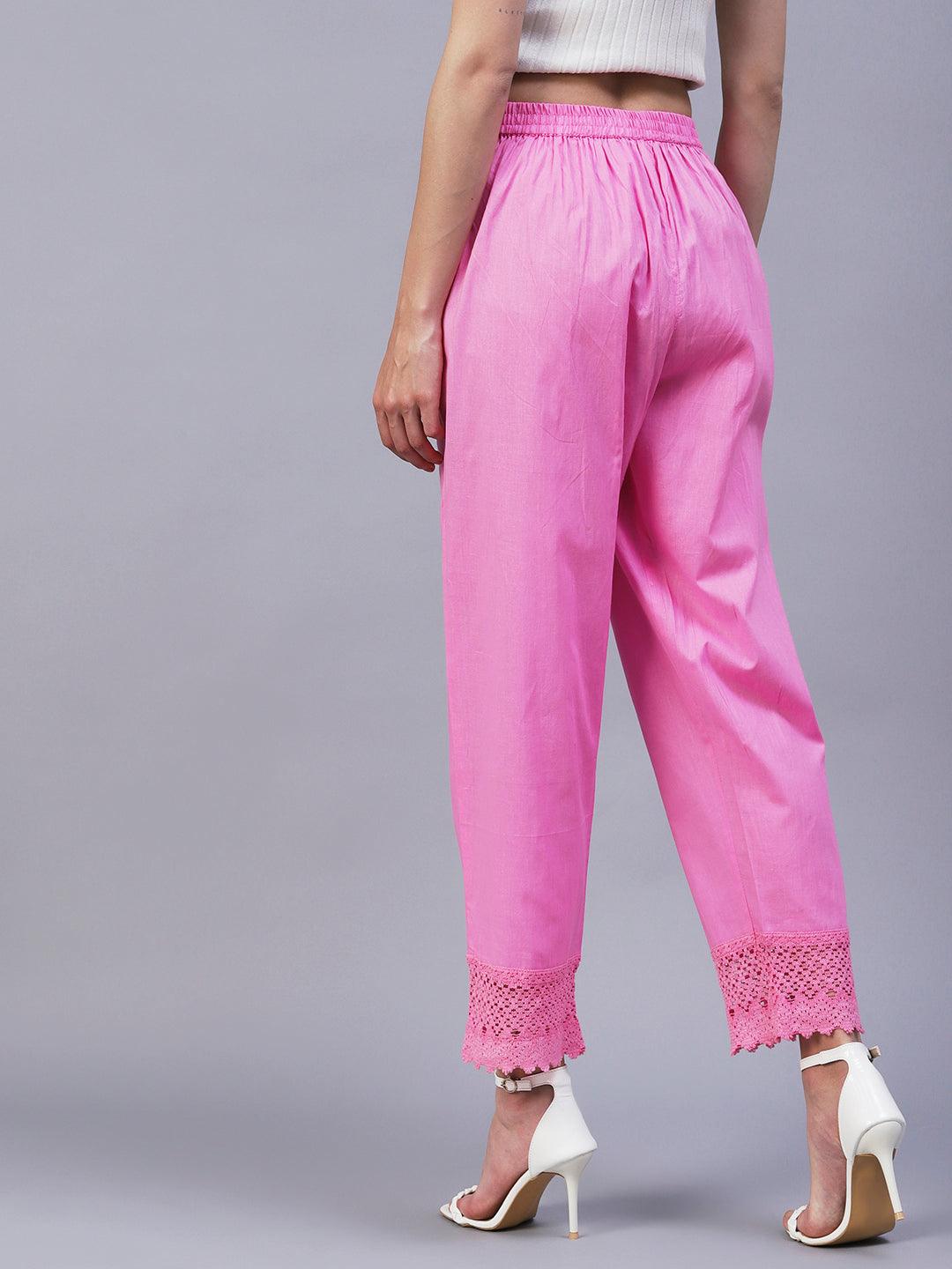 Solid Crochet Lace Embellished Scallop Pants - Pink - Indiakreations