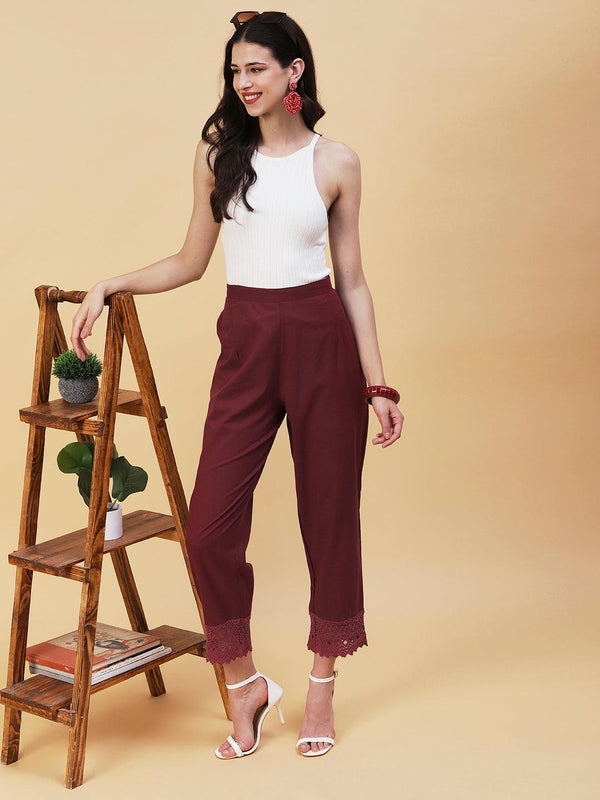 Solid Crochet Lace Embellished Scallop Pants - Maroon - Indiakreations