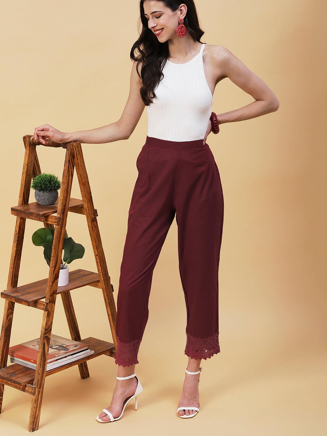 Solid Crochet Lace Embellished Scallop Pants - Maroon - Indiakreations