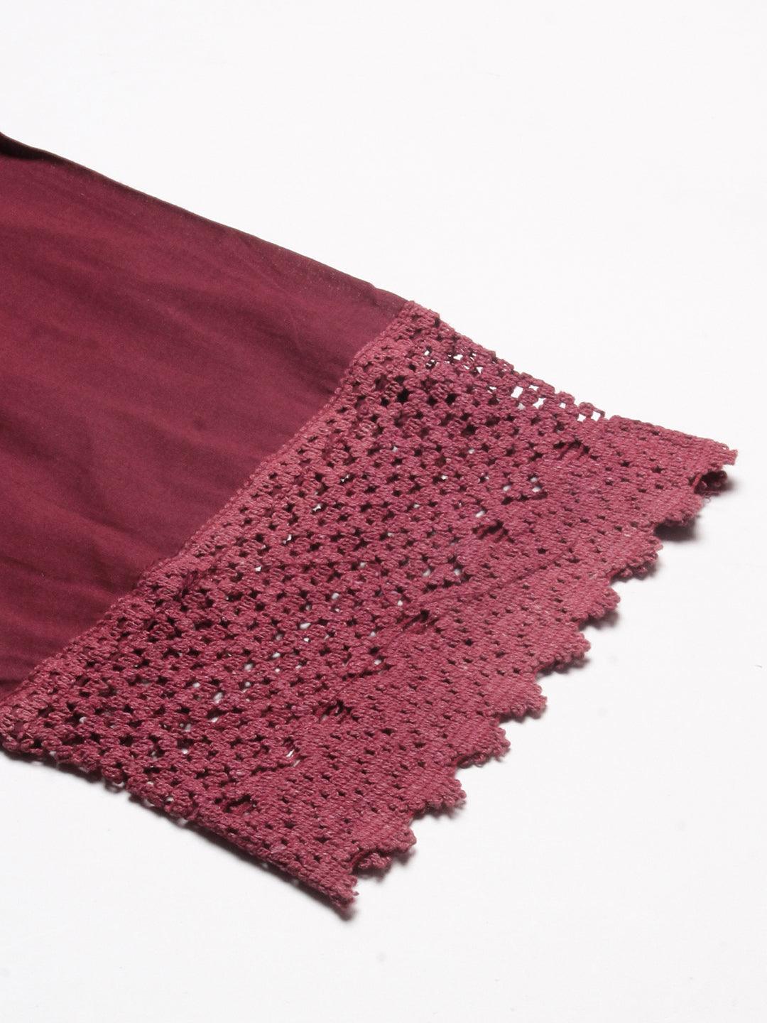 Solid Crochet Lace Embellished Scallop Pants - Maroon - Indiakreations