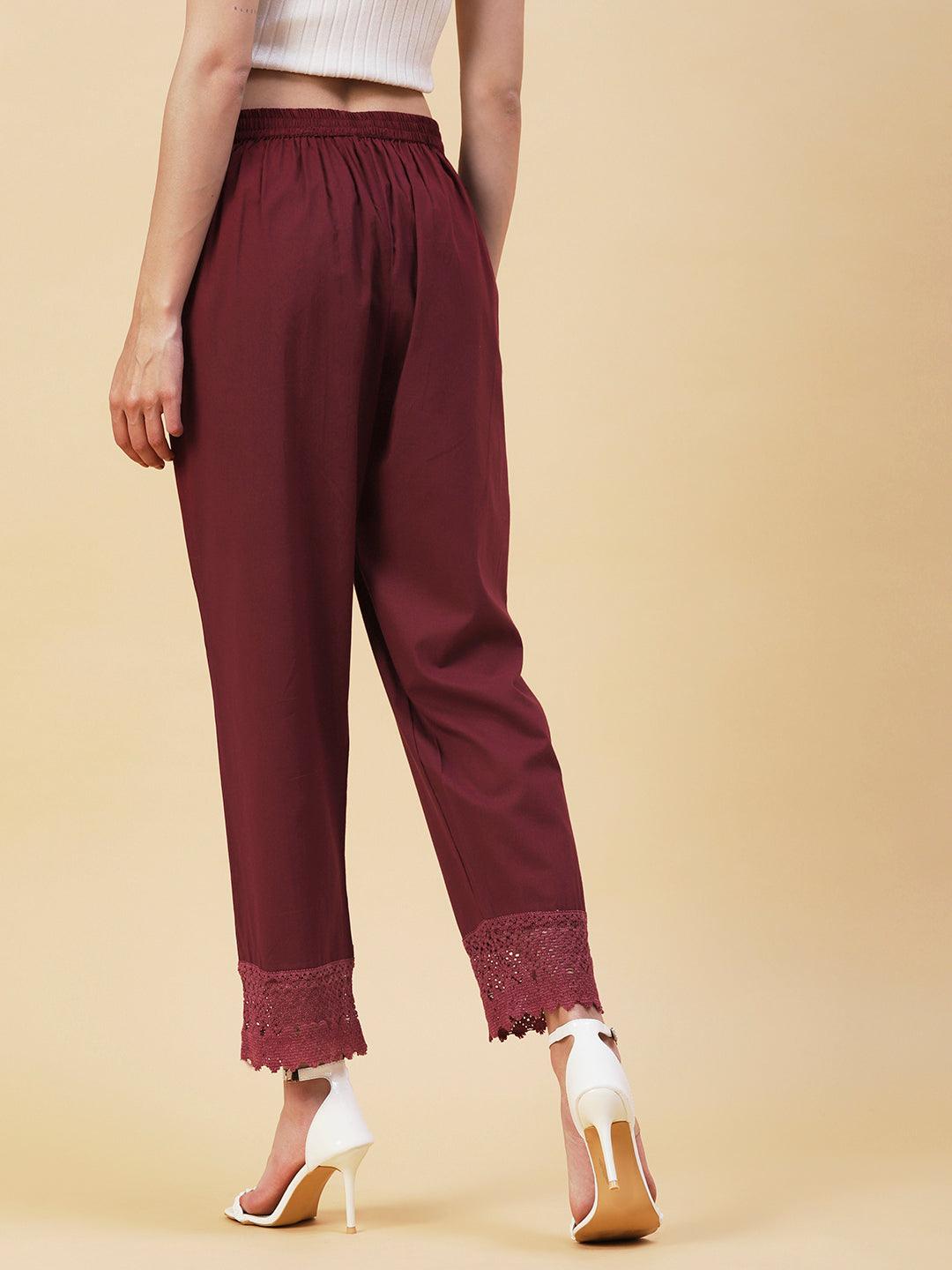 Solid Crochet Lace Embellished Scallop Pants - Maroon - Indiakreations