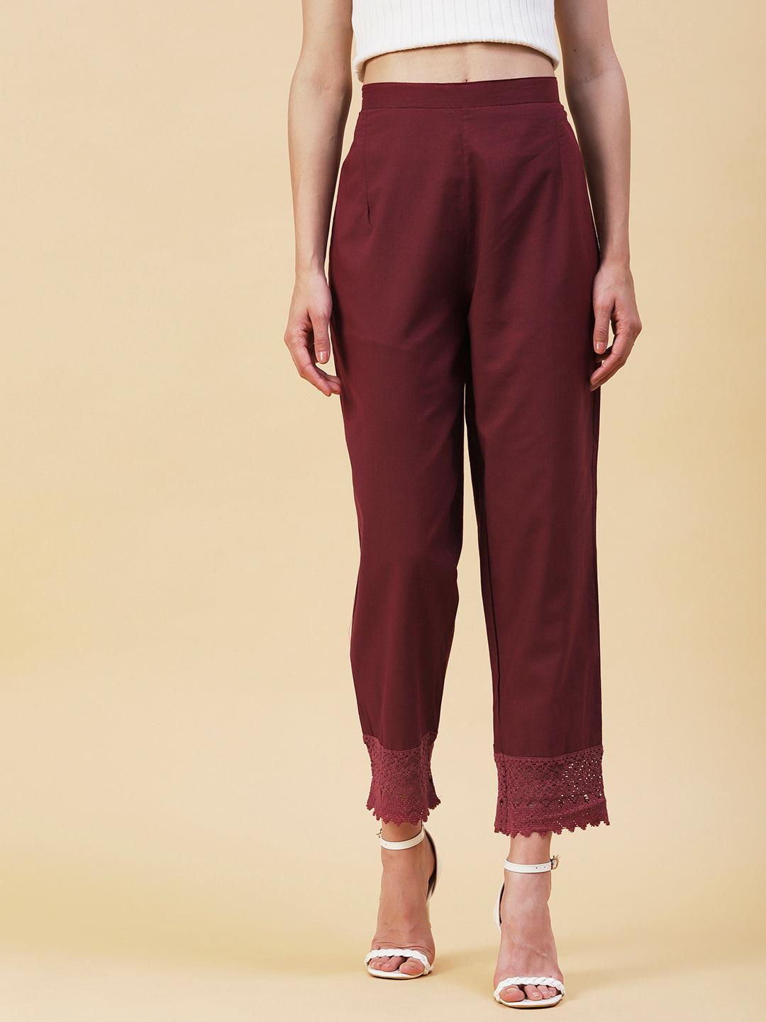 Solid Crochet Lace Embellished Scallop Pants - Maroon - Indiakreations