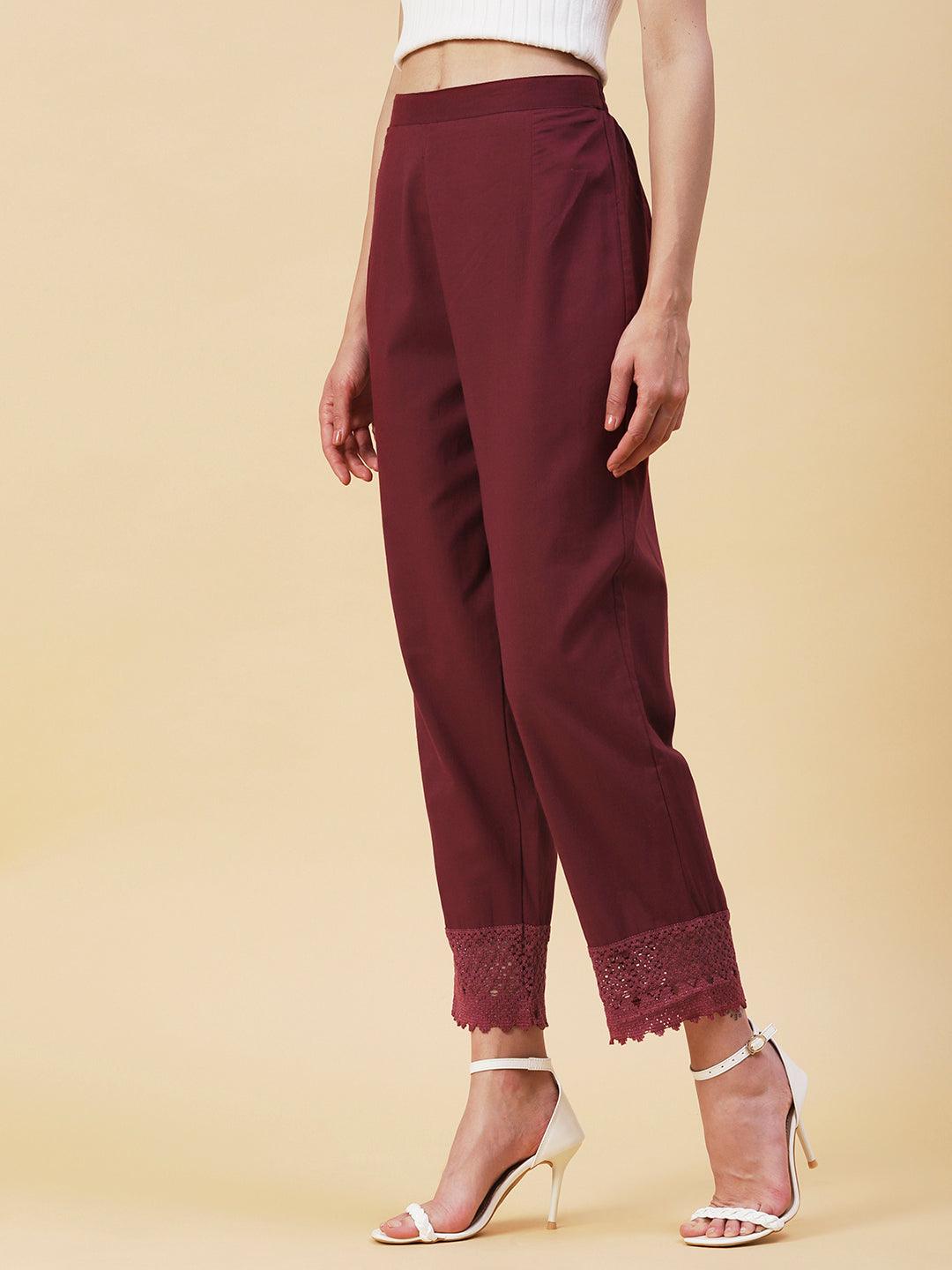 Solid Crochet Lace Embellished Scallop Pants - Maroon - Indiakreations