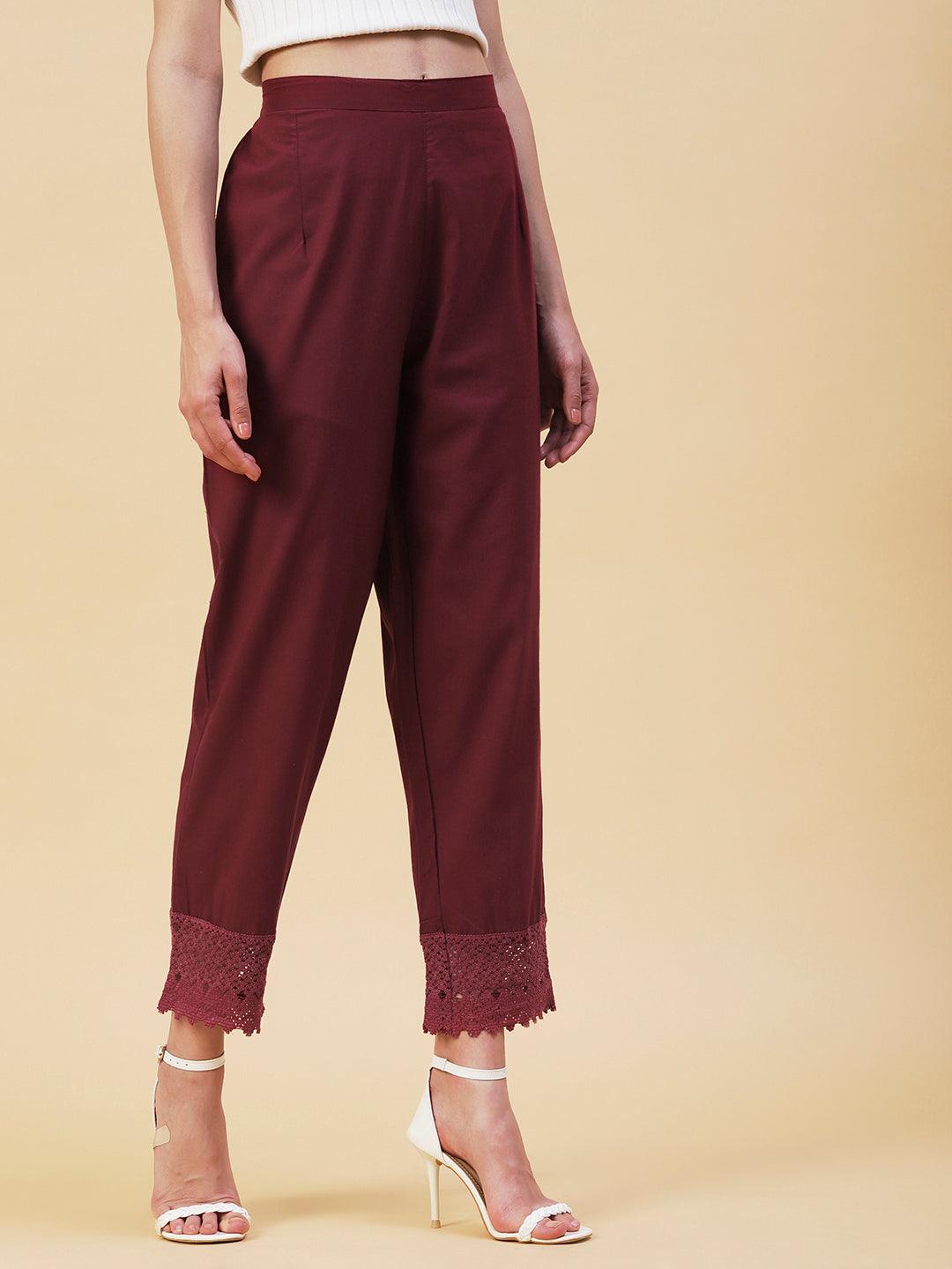 Solid Crochet Lace Embellished Scallop Pants - Maroon - Indiakreations