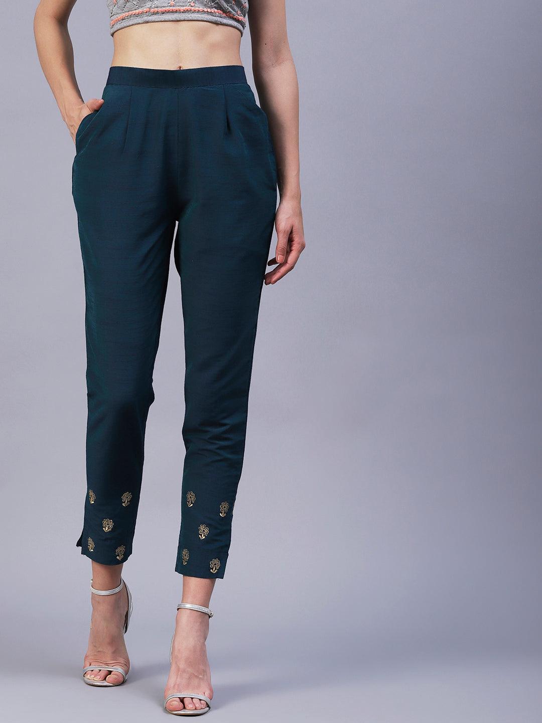 Solid Zari Floral Embroidered Pants - Teal - Indiakreations