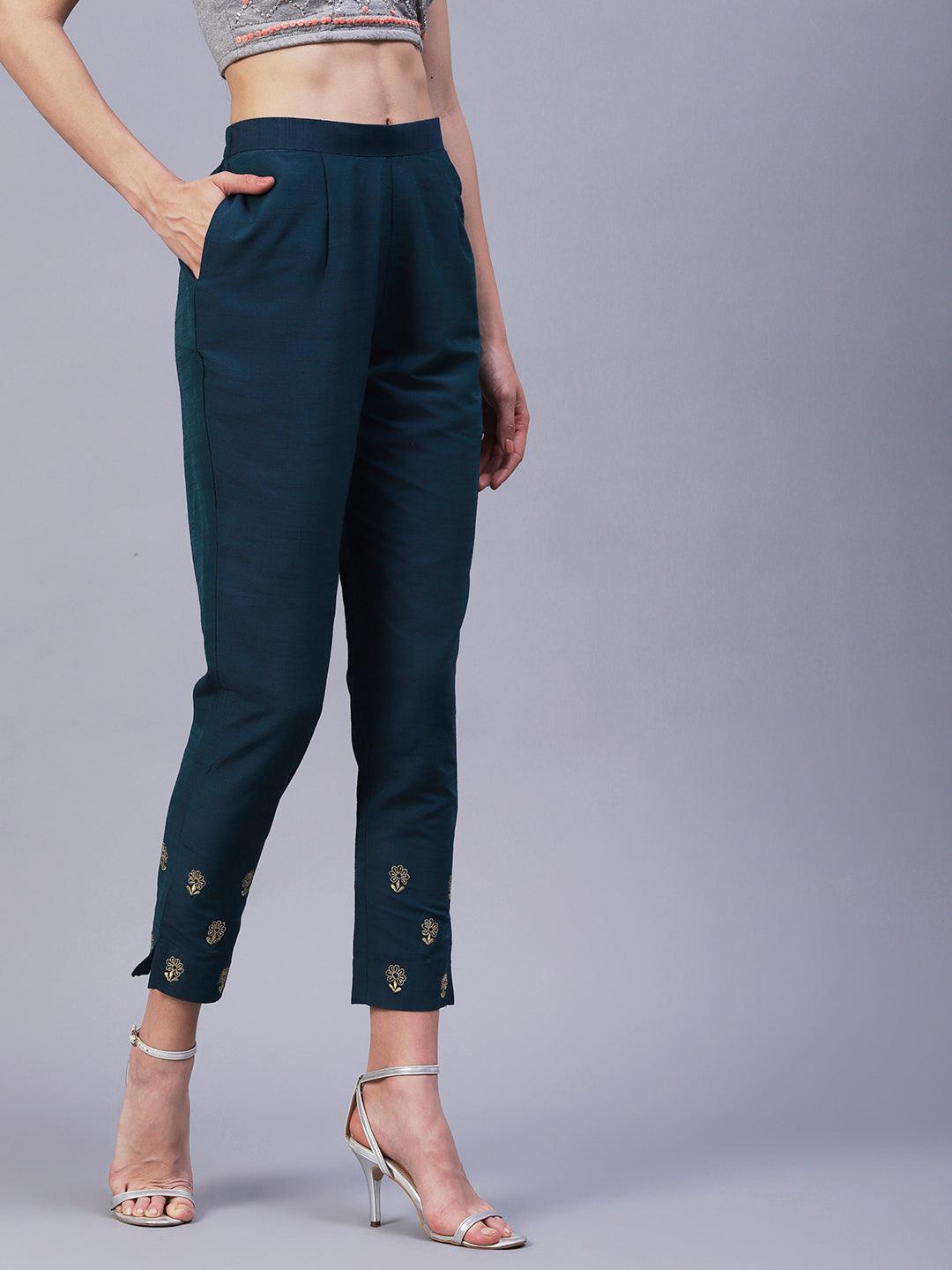 Solid Zari Floral Embroidered Pants - Teal - Indiakreations