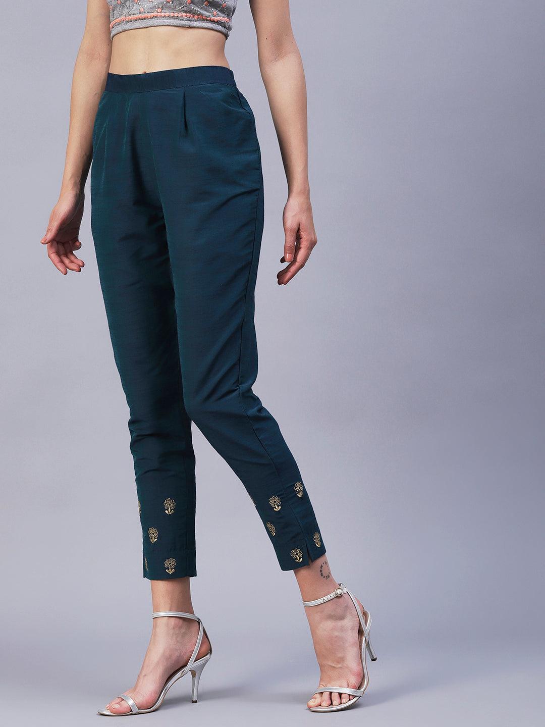 Solid Zari Floral Embroidered Pants - Teal - Indiakreations