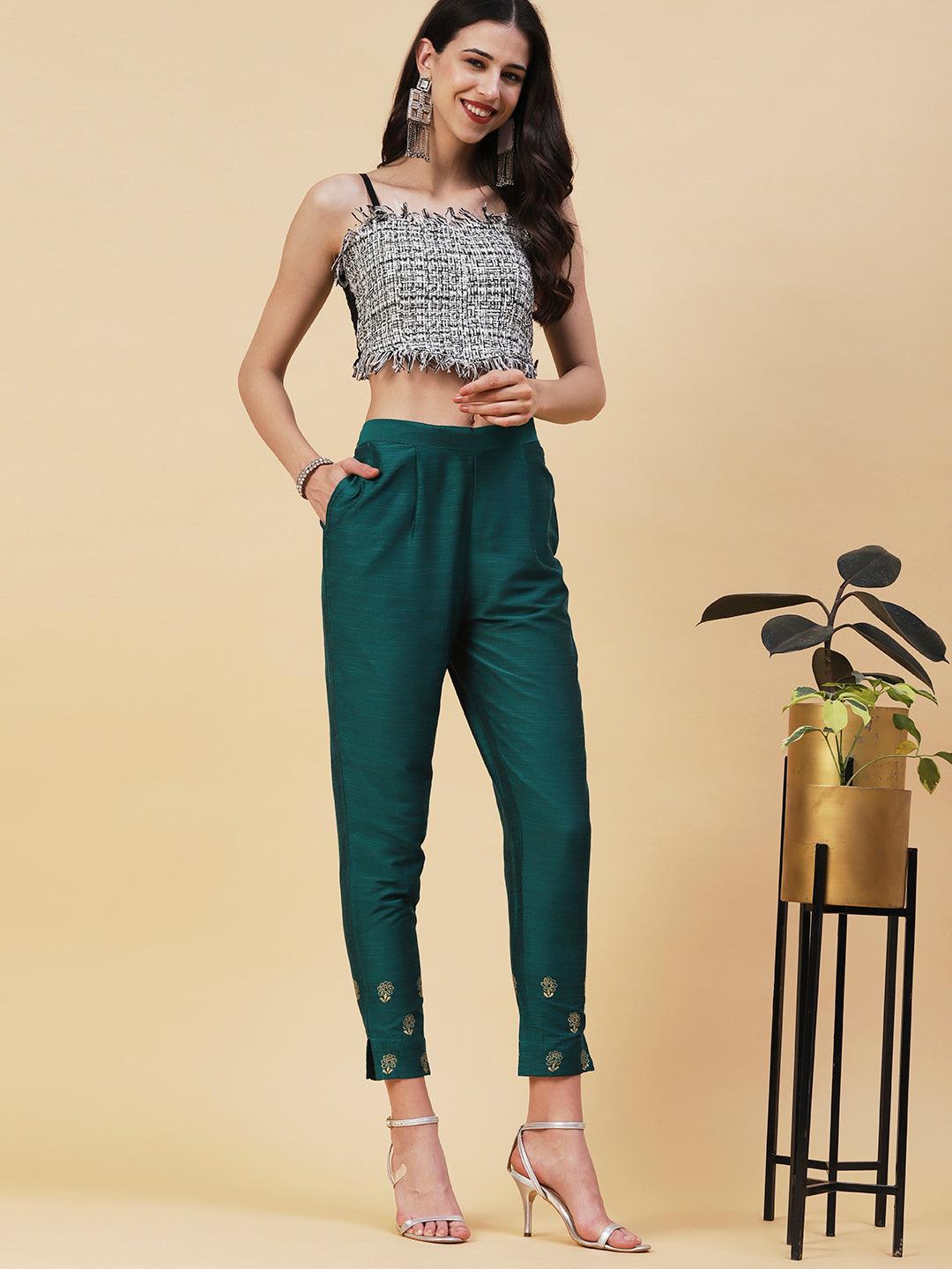 Solid Zari Floral Embroidered Pants - Green - Indiakreations