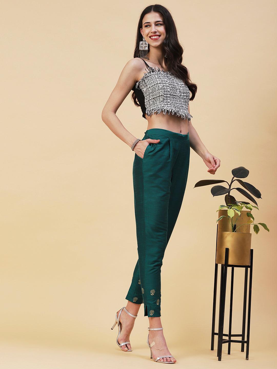 Solid Zari Floral Embroidered Pants - Green - Indiakreations