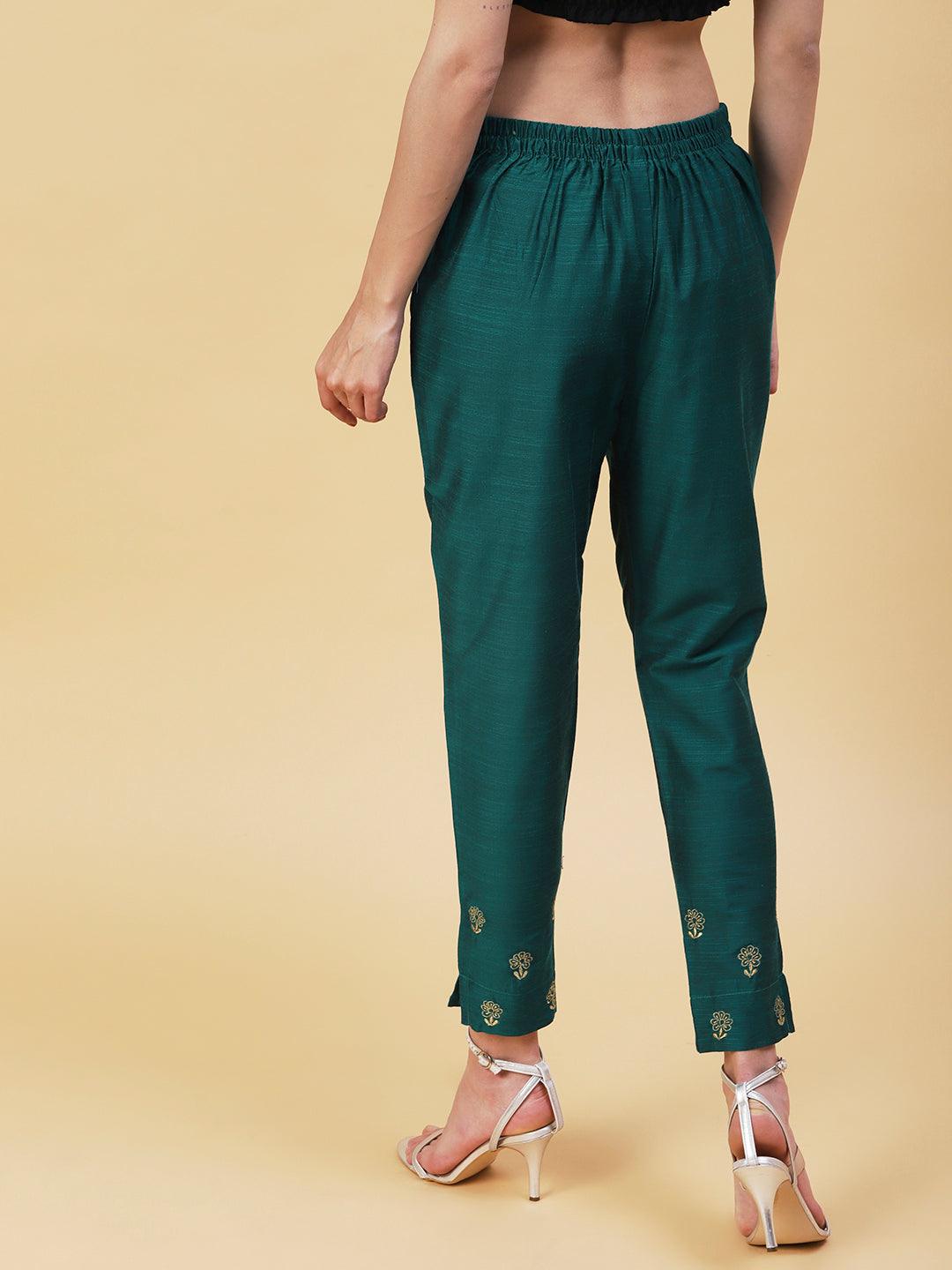 Solid Zari Floral Embroidered Pants - Green - Indiakreations