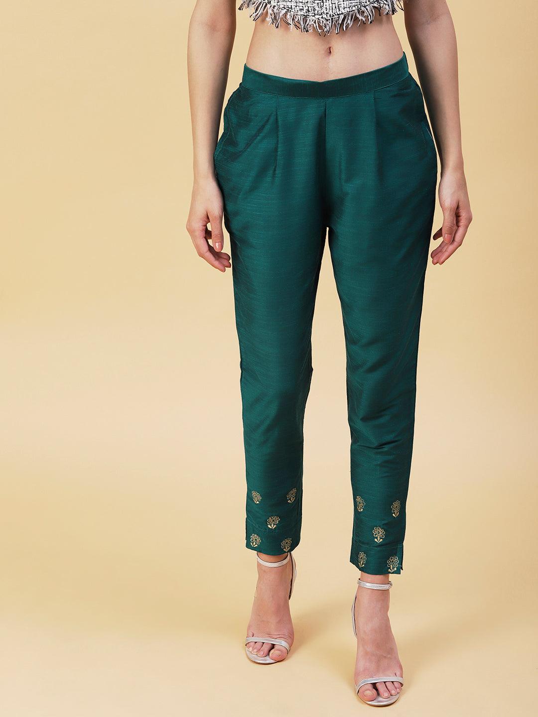 Solid Zari Floral Embroidered Pants - Green - Indiakreations