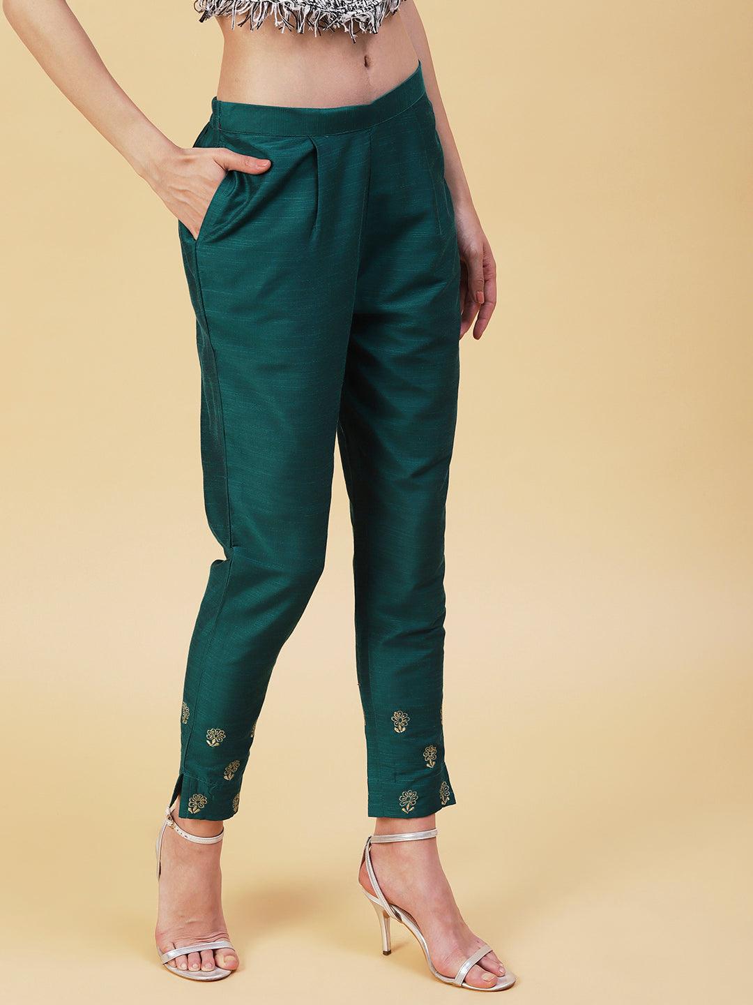 Solid Zari Floral Embroidered Pants - Green - Indiakreations