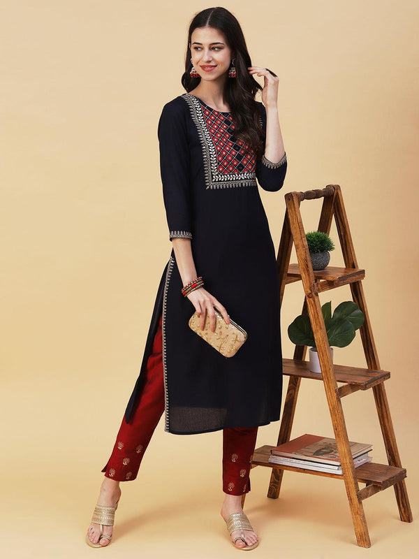 Solid Ethnic Embroidered Straight Fit Kurta - Navy Blue - Indiakreations