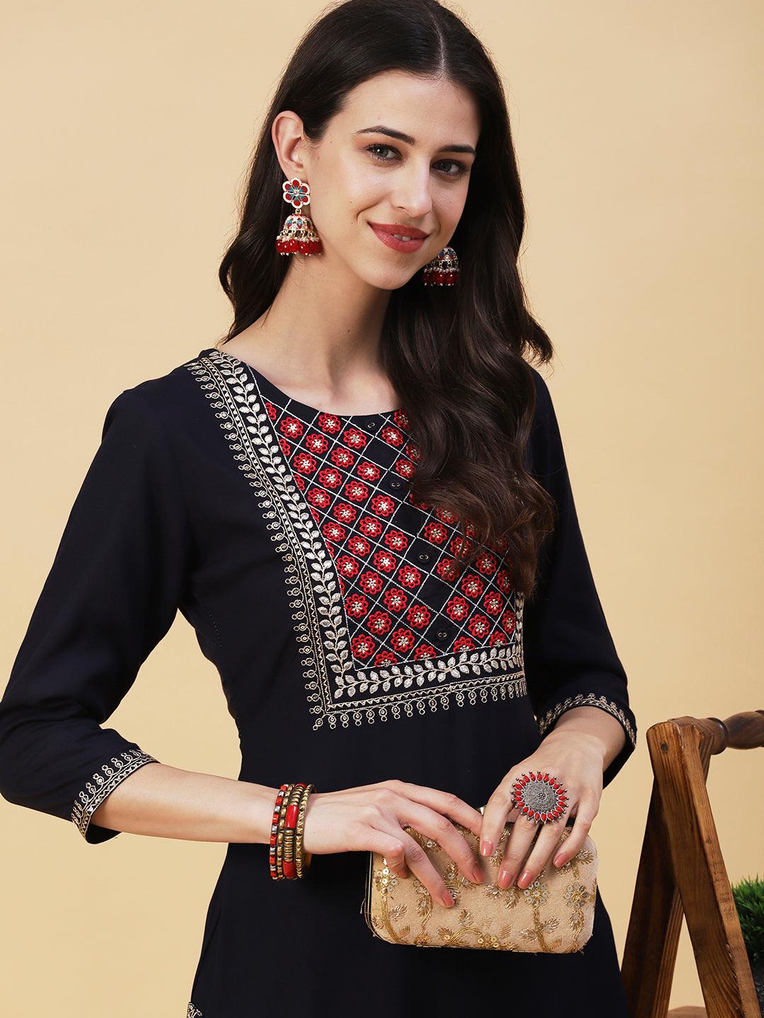 Solid Ethnic Embroidered Straight Fit Kurta - Navy Blue - Indiakreations