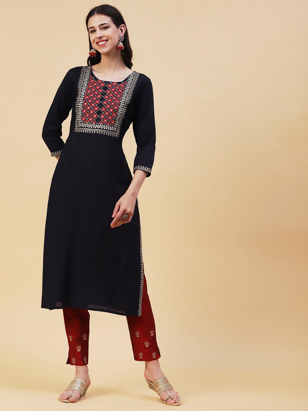 Solid Ethnic Embroidered Straight Fit Kurta - Navy Blue - Indiakreations