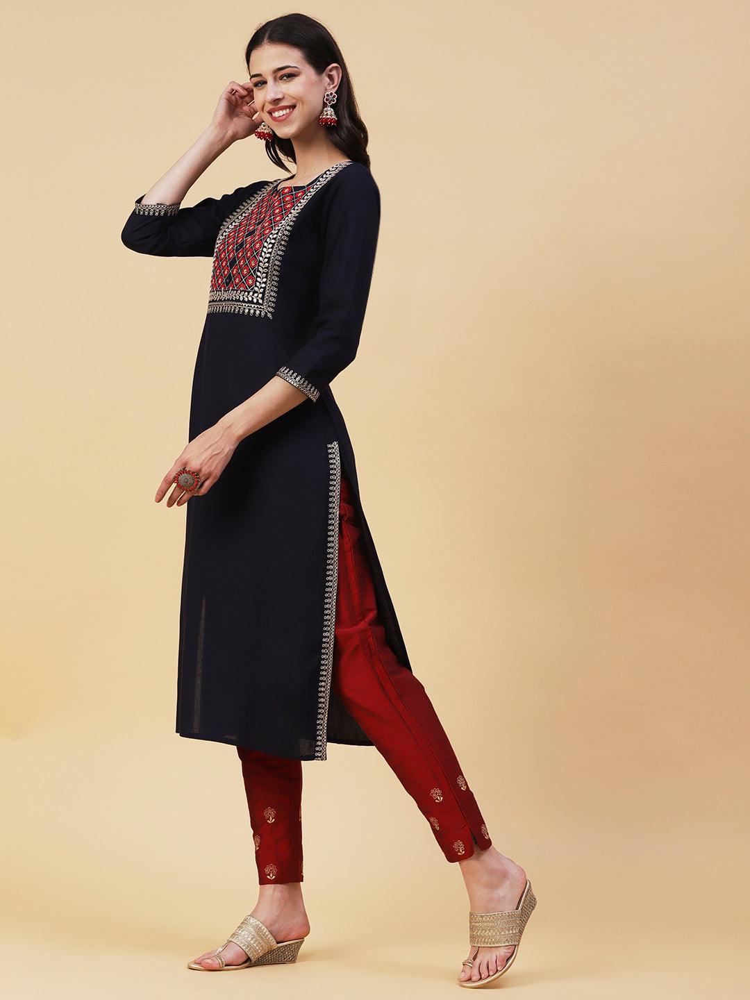 Solid Ethnic Embroidered Straight Fit Kurta - Navy Blue - Indiakreations