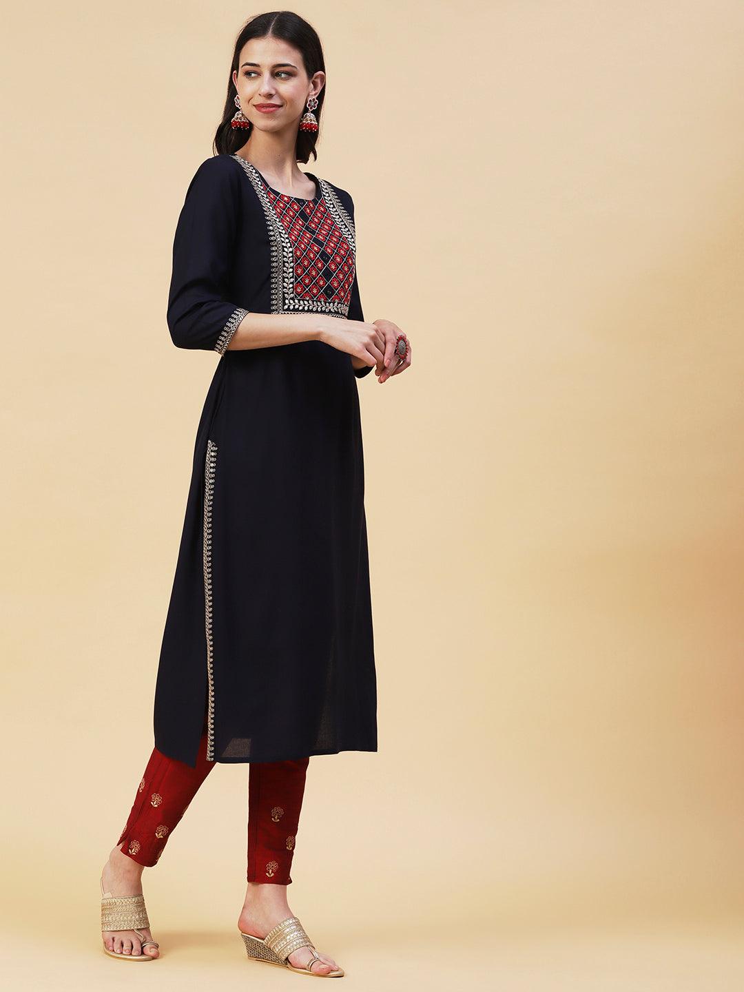 Solid Ethnic Embroidered Straight Fit Kurta - Navy Blue - Indiakreations