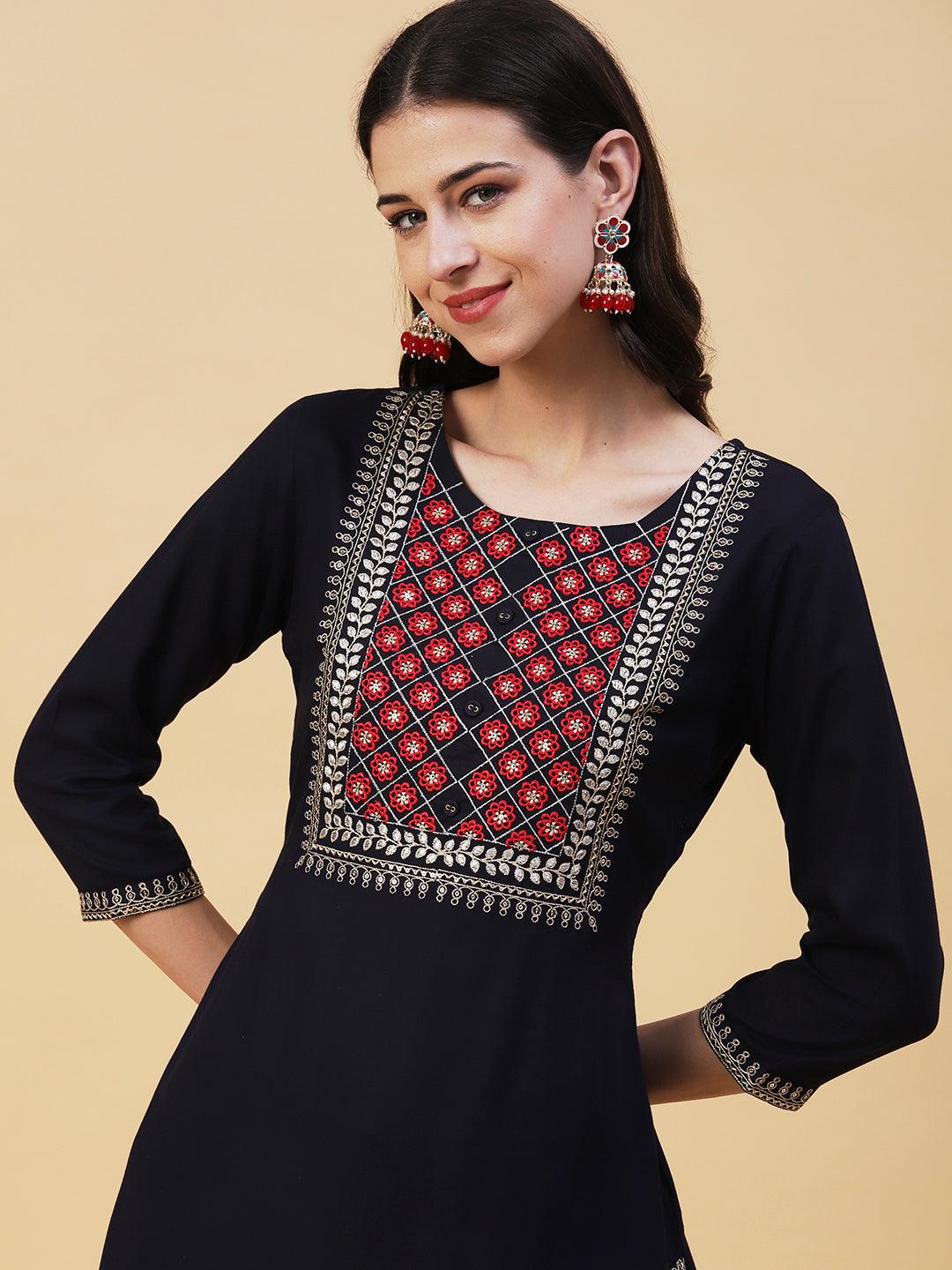 Solid Ethnic Embroidered Straight Fit Kurta - Navy Blue - Indiakreations