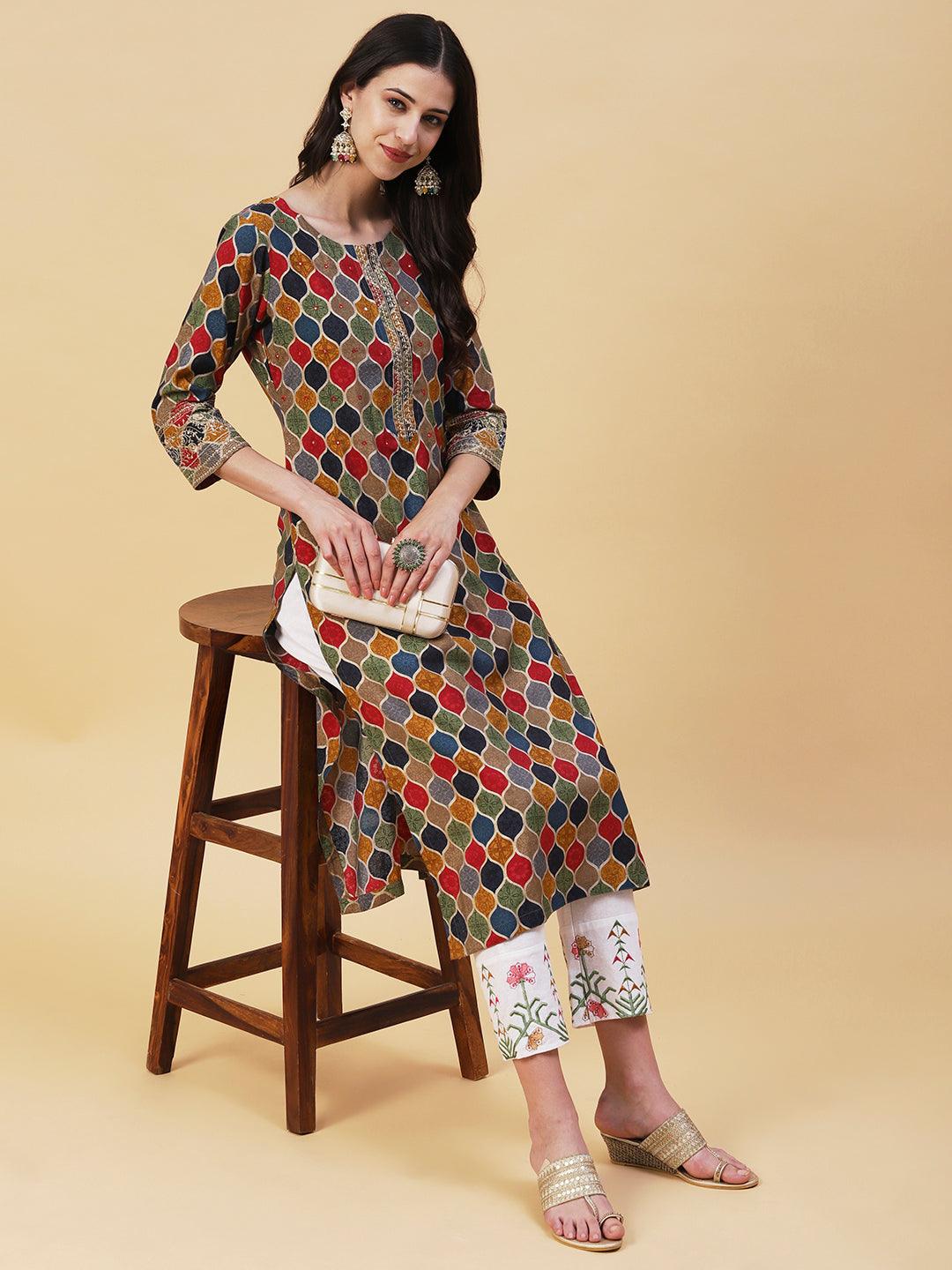 Geometric Printed Mirror, Zari & Sequins Embroidered Kurta - Multi - Indiakreations