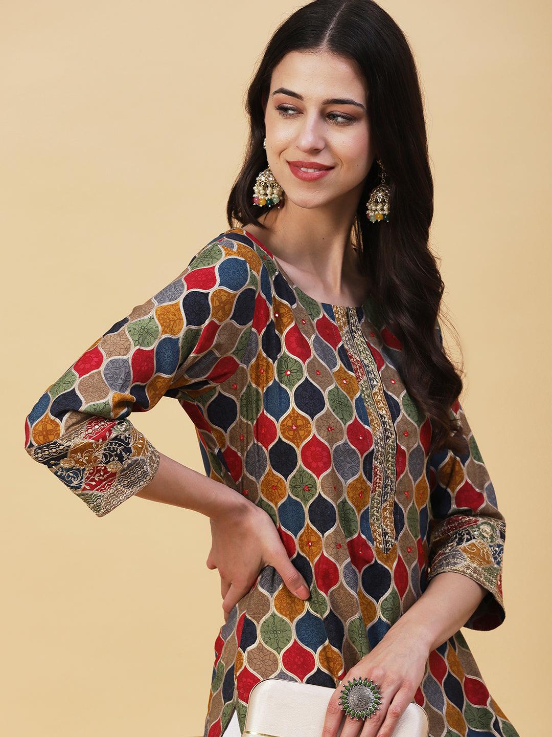 Geometric Printed Mirror, Zari & Sequins Embroidered Kurta - Multi - Indiakreations