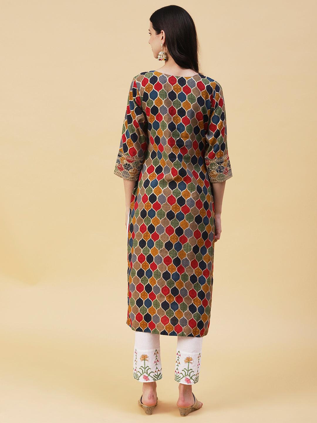 Geometric Printed Mirror, Zari & Sequins Embroidered Kurta - Multi - Indiakreations