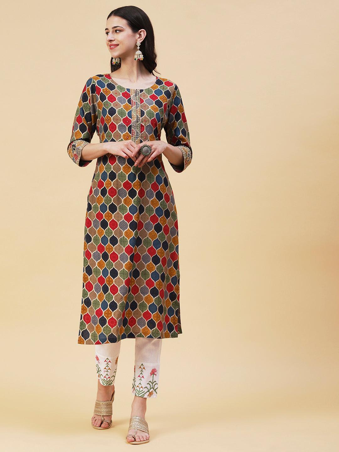 Geometric Printed Mirror, Zari & Sequins Embroidered Kurta - Multi - Indiakreations