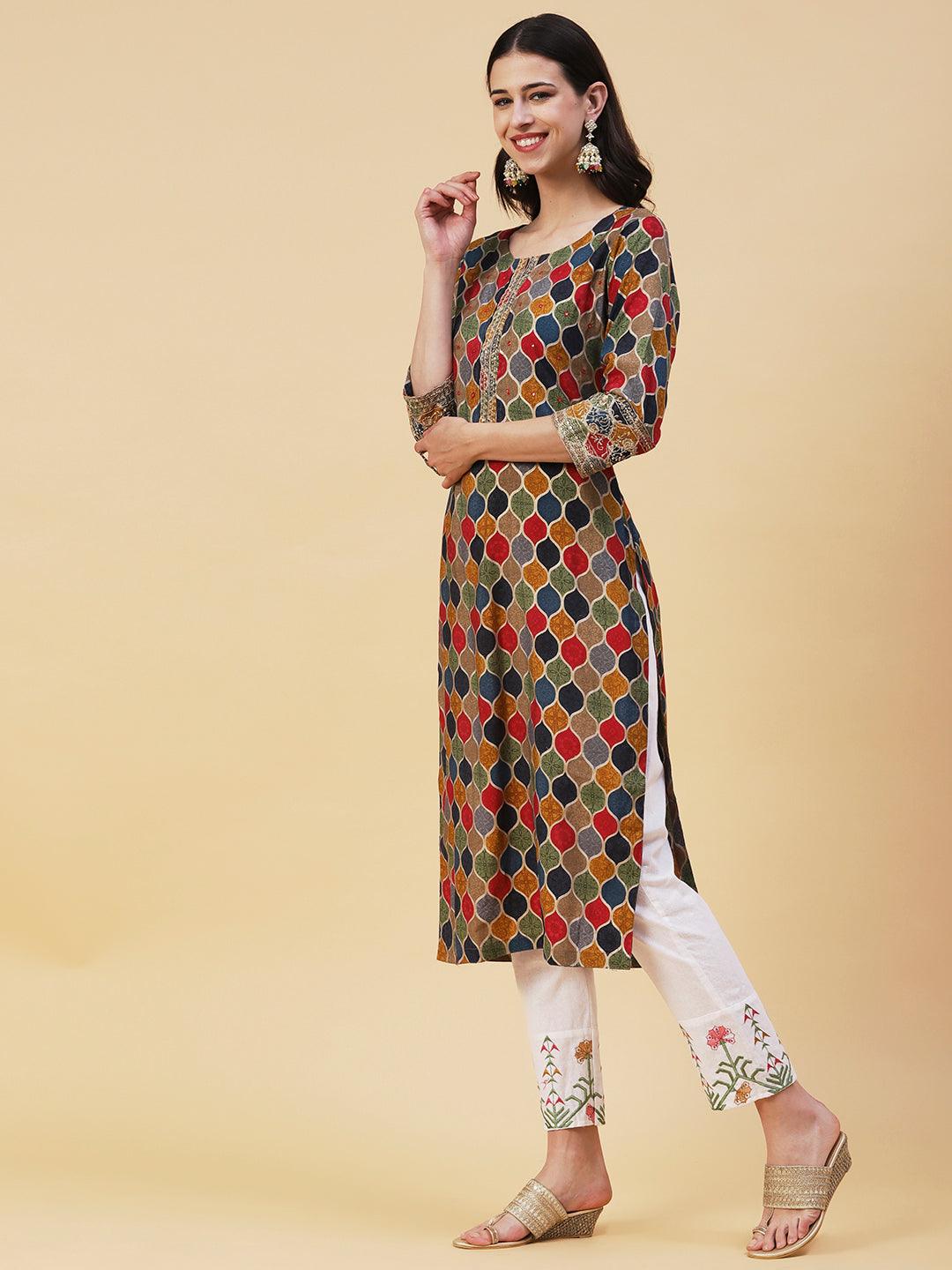 Geometric Printed Mirror, Zari & Sequins Embroidered Kurta - Multi - Indiakreations