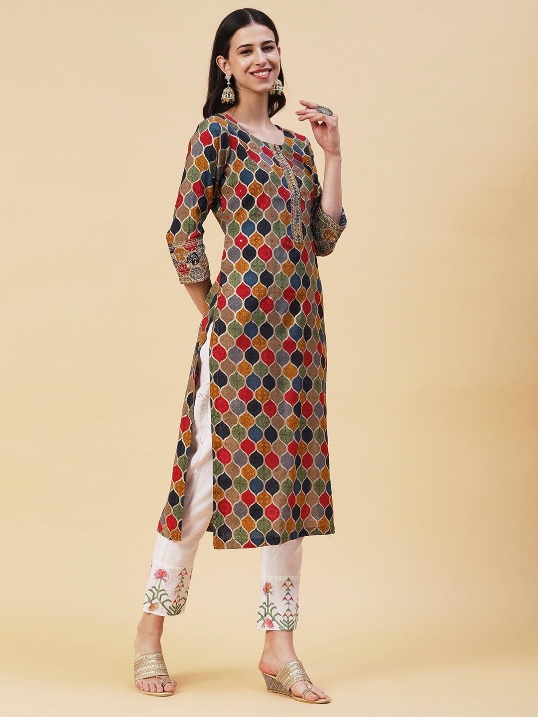 Geometric Printed Mirror, Zari & Sequins Embroidered Kurta - Multi - Indiakreations