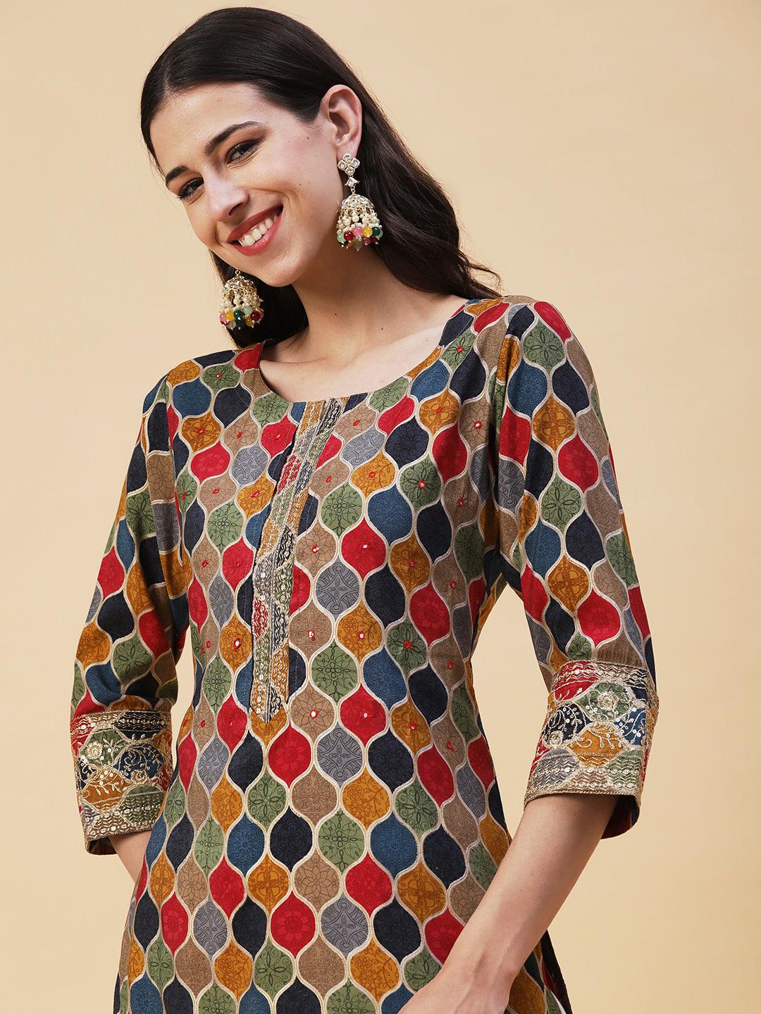 Geometric Printed Mirror, Zari & Sequins Embroidered Kurta - Multi - Indiakreations