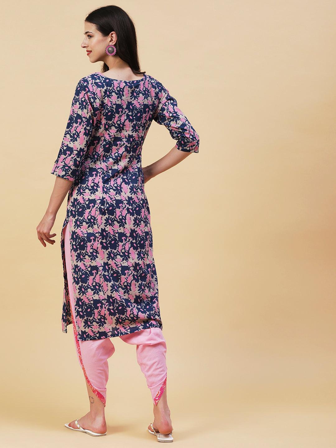 Abstract Printed Buttoned Kurta - Blue - Indiakreations