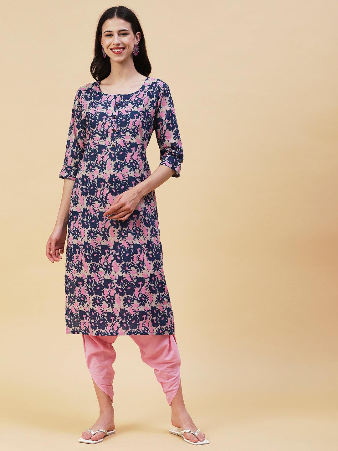 Abstract Printed Buttoned Kurta - Blue - Indiakreations