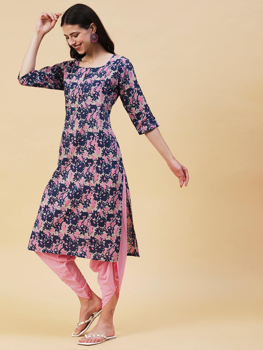 Abstract Printed Buttoned Kurta - Blue - Indiakreations