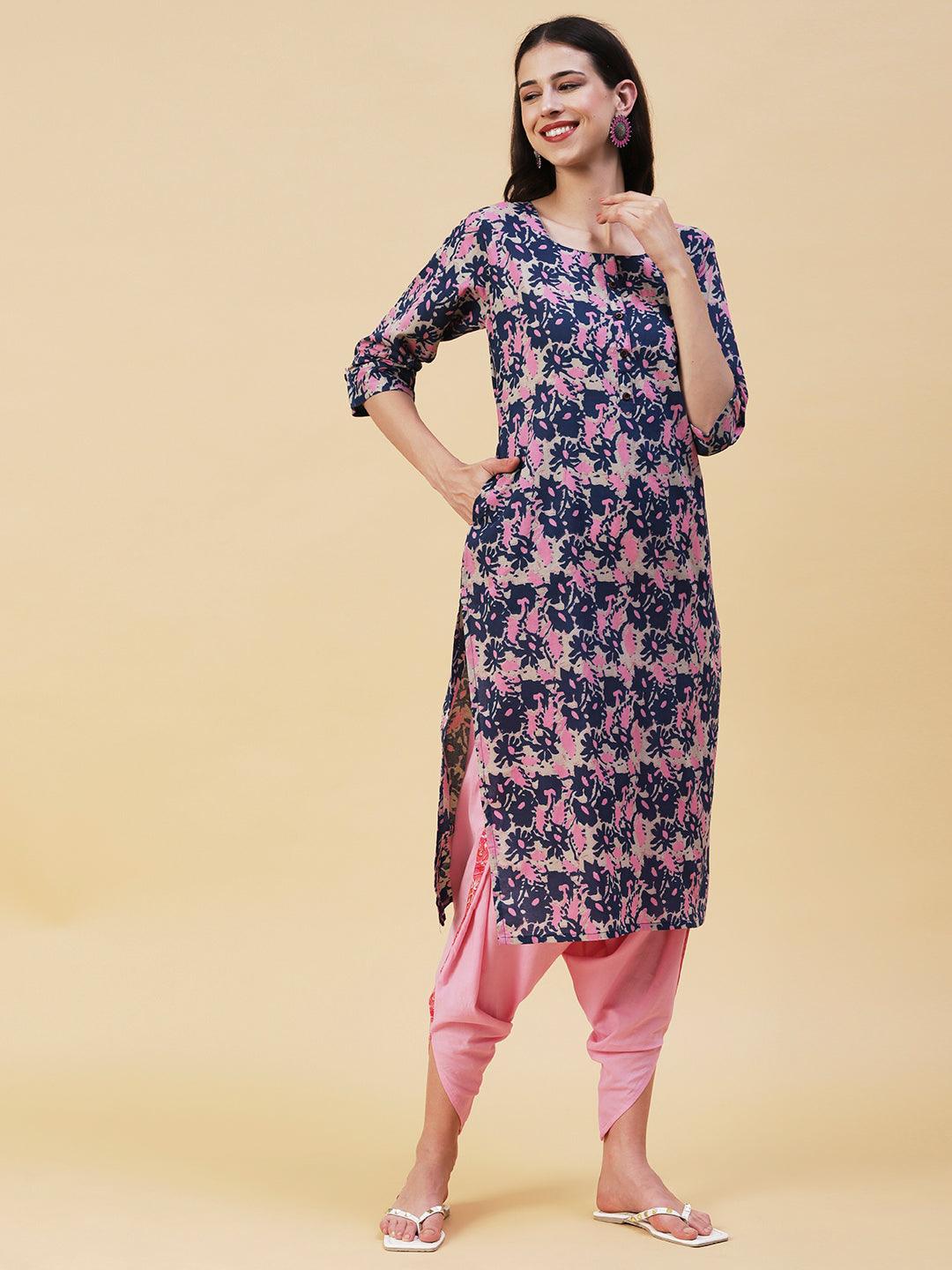 Abstract Printed Buttoned Kurta - Blue - Indiakreations