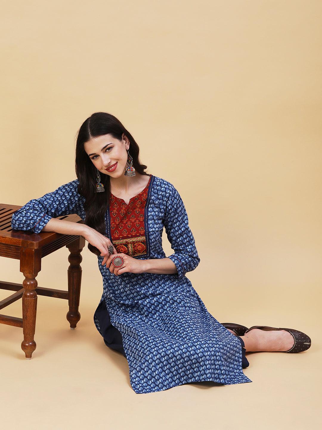 Ethnic Printed Kutchi Embroidered Kurta - Blue - Indiakreations