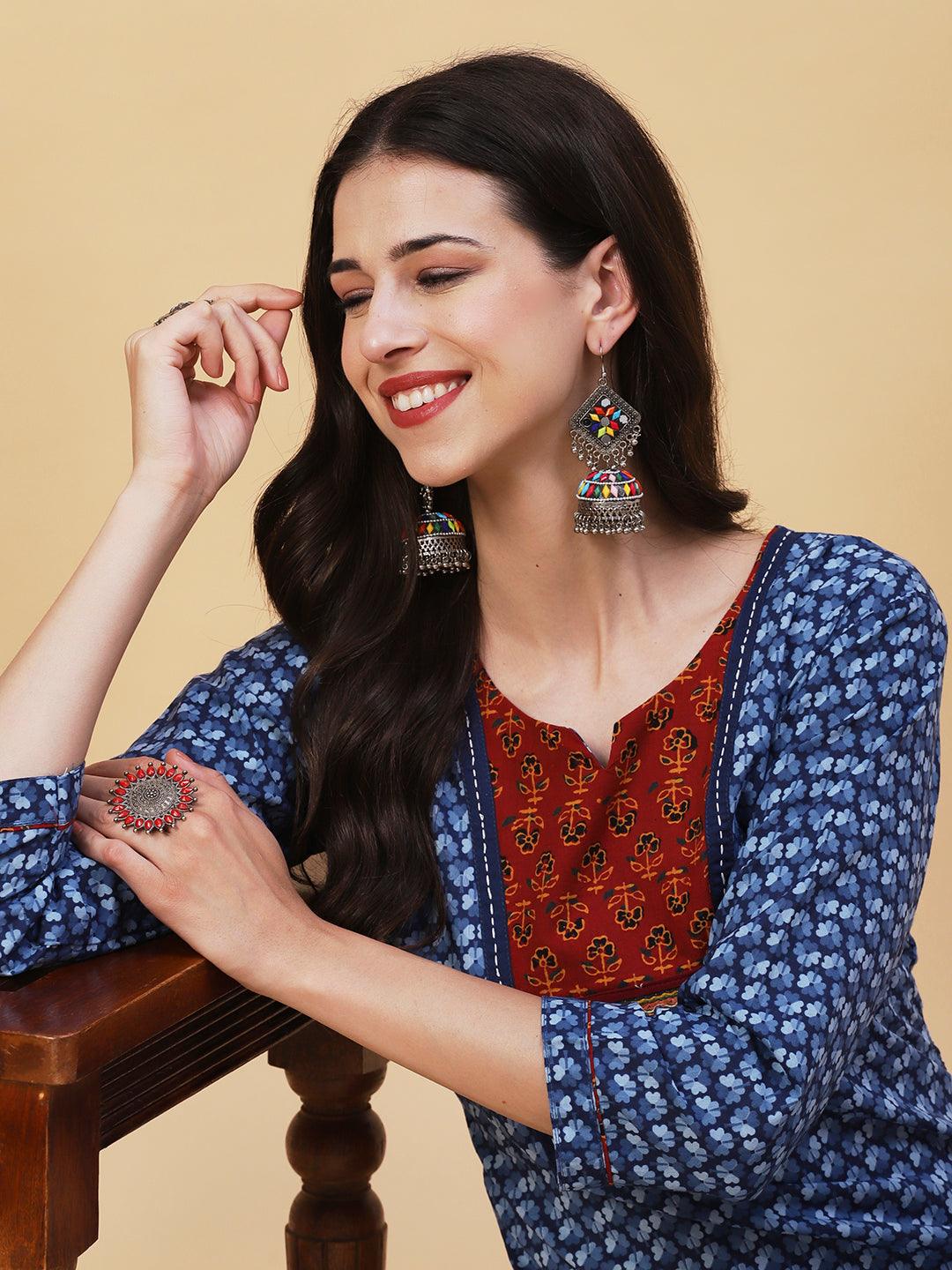 Ethnic Printed Kutchi Embroidered Kurta - Blue - Indiakreations