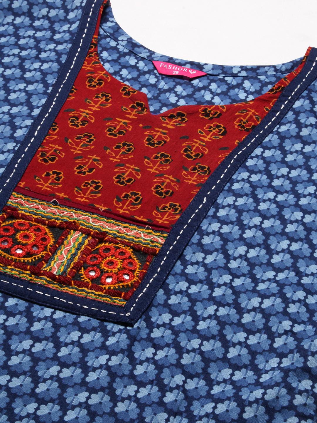 Ethnic Printed Kutchi Embroidered Kurta - Blue - Indiakreations