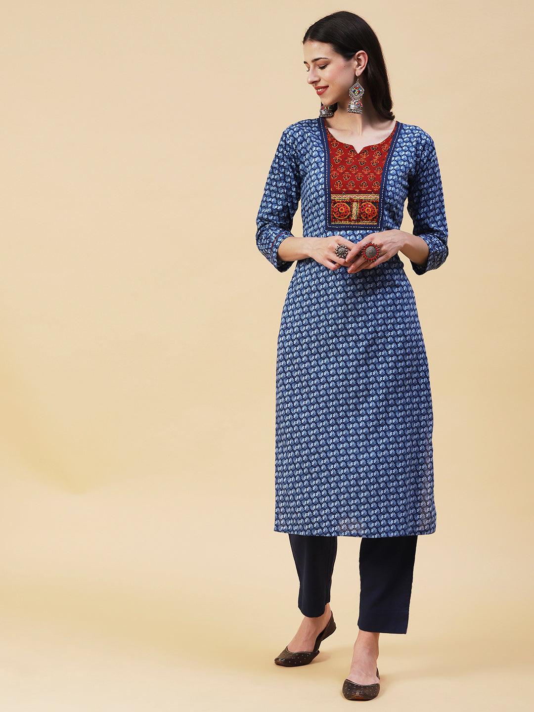 Ethnic Printed Kutchi Embroidered Kurta - Blue - Indiakreations