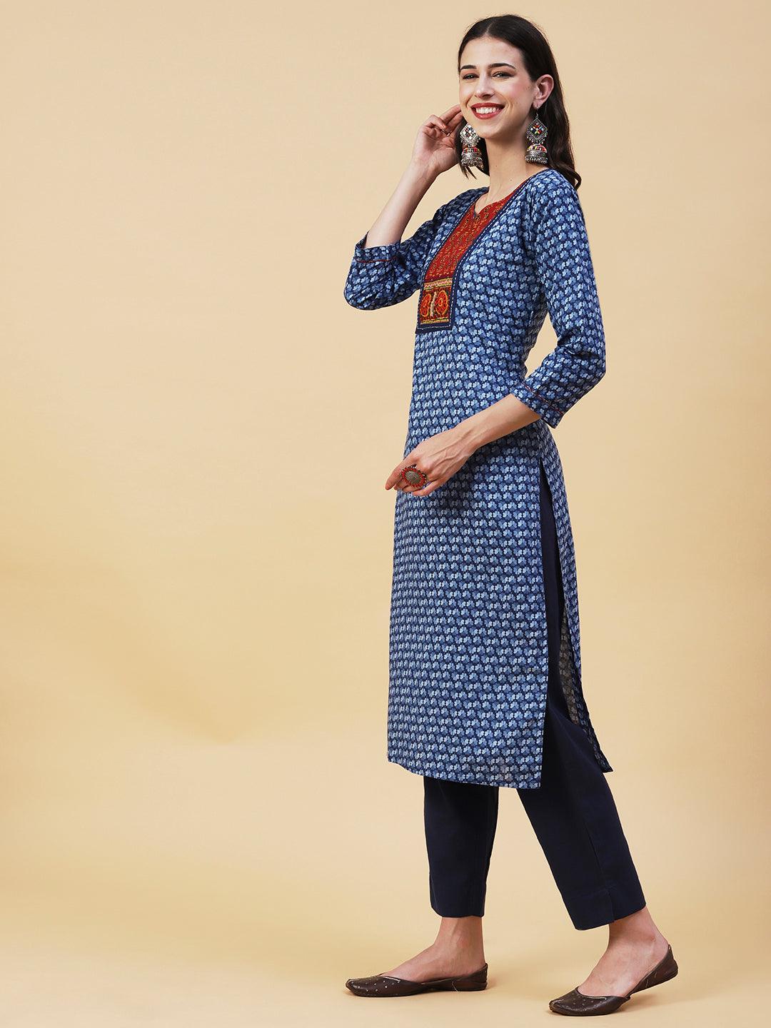 Ethnic Printed Kutchi Embroidered Kurta - Blue - Indiakreations