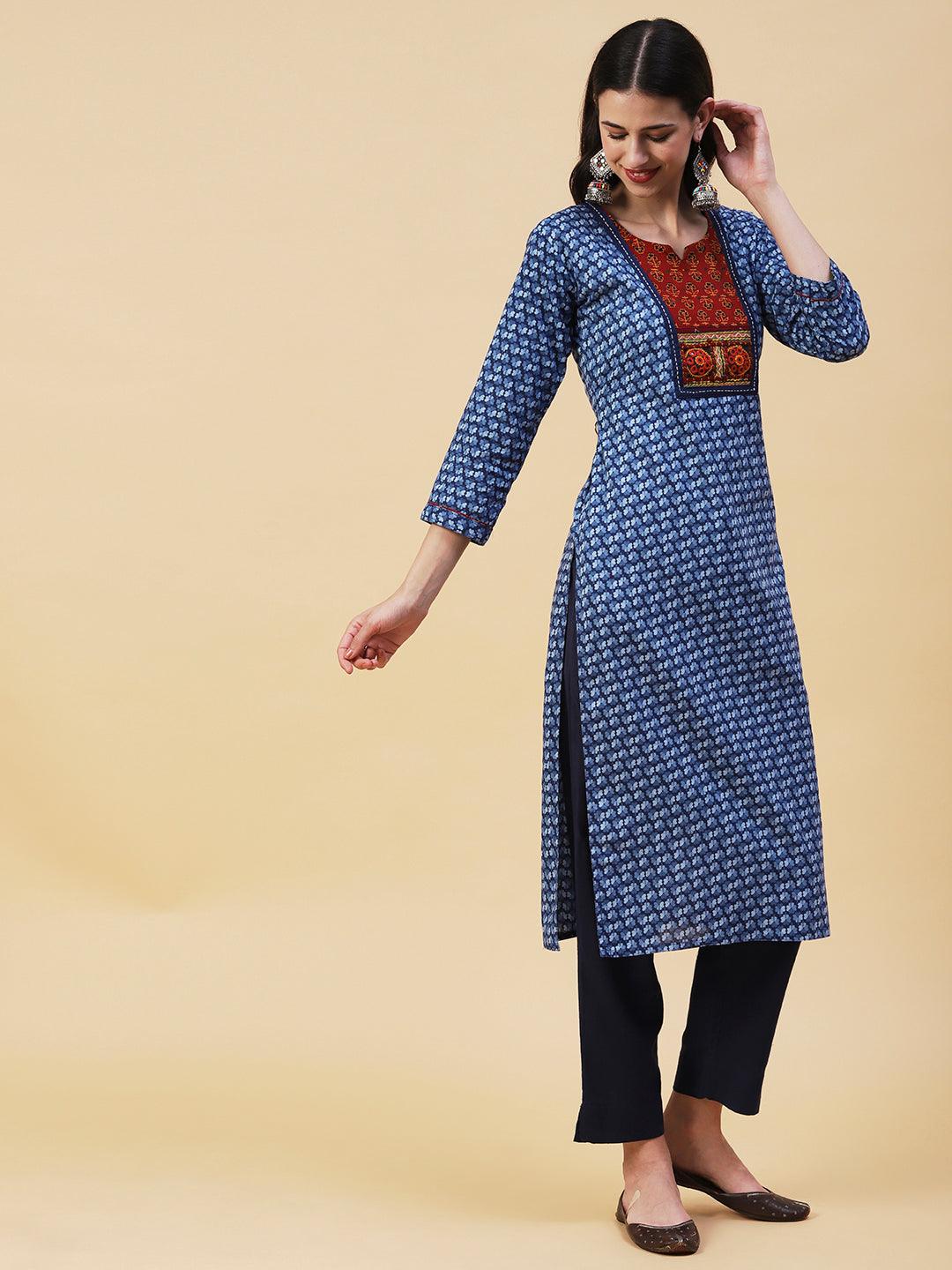 Ethnic Printed Kutchi Embroidered Kurta - Blue - Indiakreations