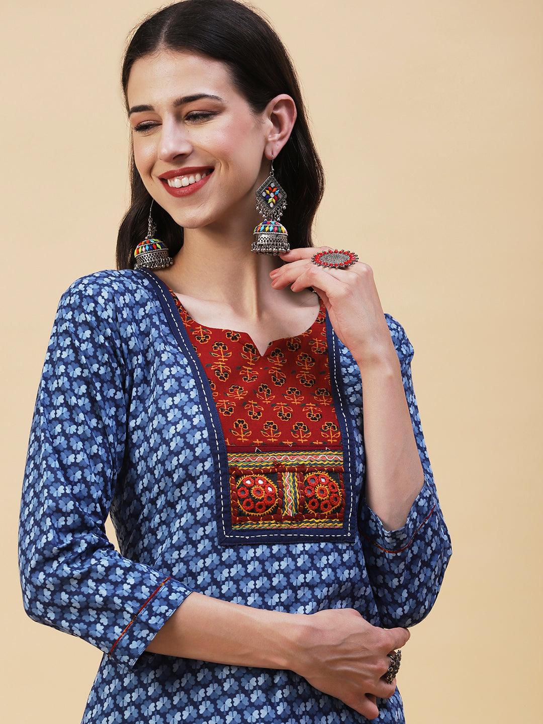 Ethnic Printed Kutchi Embroidered Kurta - Blue - Indiakreations