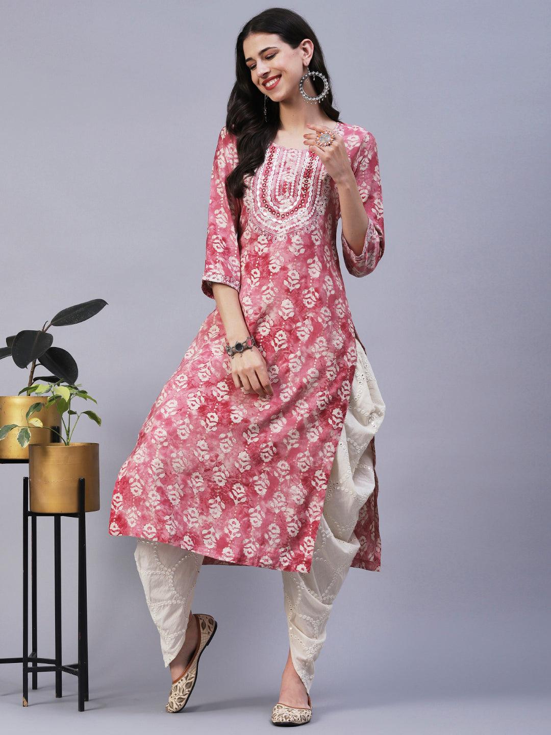 Textured Batik Printed Mirror & Resham Embroidered Kurta - Pink - Indiakreations