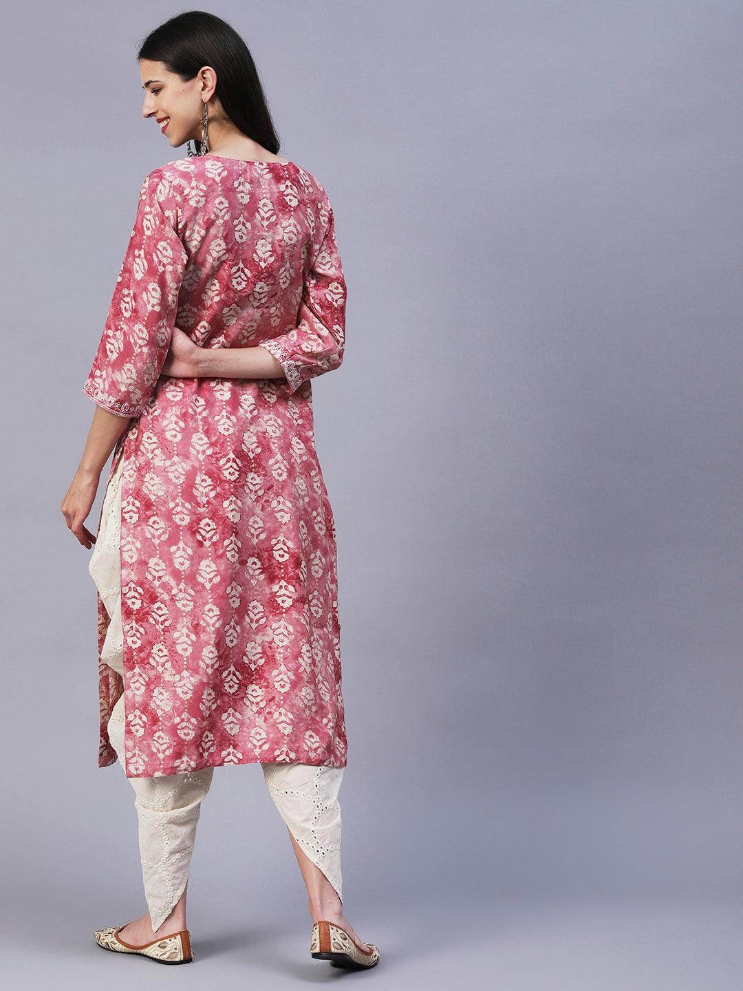 Textured Batik Printed Mirror & Resham Embroidered Kurta - Pink - Indiakreations