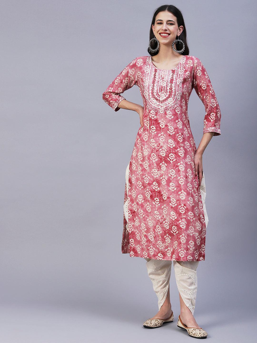 Textured Batik Printed Mirror & Resham Embroidered Kurta - Pink - Indiakreations